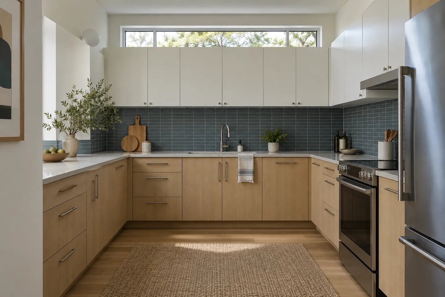White upper cabinets and pale wood base cabinets around a tiled kitchen