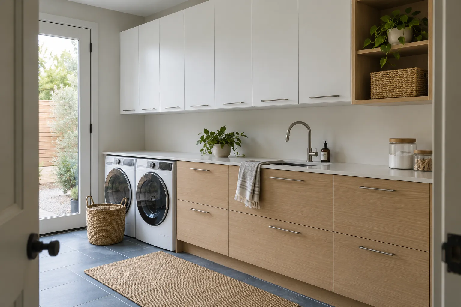 Laundry room with white wall cabinets, pale wood base units and a front-loading washer